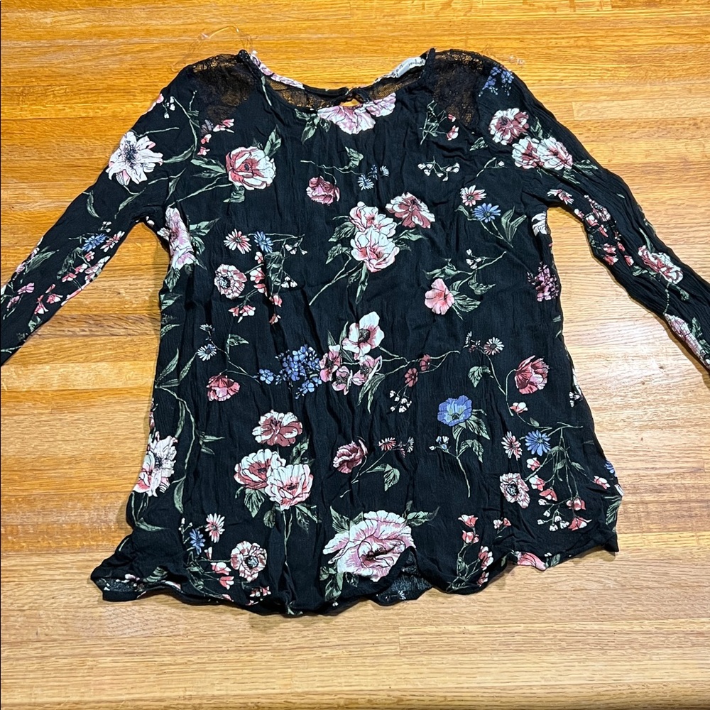 Gypsies & Moondust Women Large Black Floral Lace Keyhole Long Sleeve BOHO Blouse